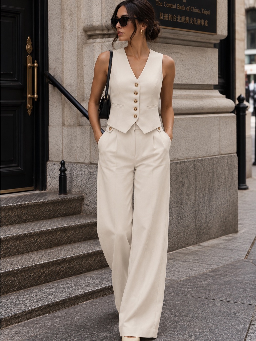 COMMENSE V-Neck Vest & Wide-Leg Pants Set
